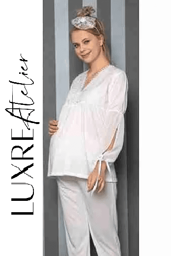 Fabric Buttons with Half Chiffon Sleeves Maternity Top and Bottom: Stylish and Comfortable Ensemble image 0