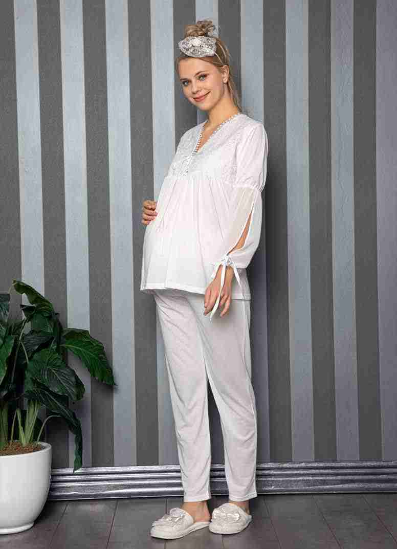 Fabric Buttons with Half Chiffon Sleeves Maternity Top and Bottom: Stylish and Comfortable Ensemble image 1